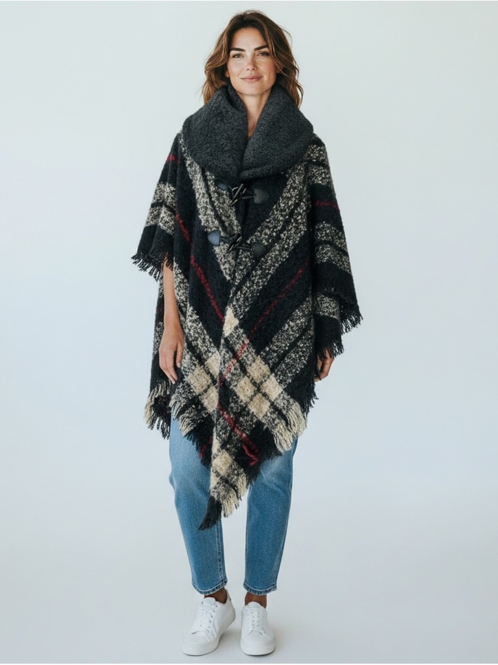 St. John’s Bay Plaid Toggle Fringe Poncho Cape One Size